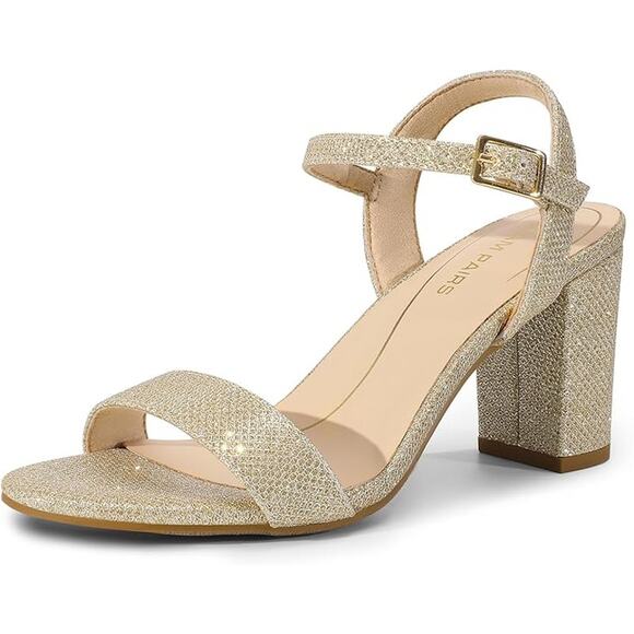 Dream Pairs Women 8 Gold Glitter 3" Block Heel Open Toe Ankle Strap Sandal Shoes - Picture 1 of 7